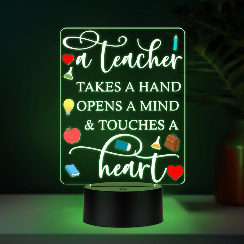 Teacher Appreciation LED Night Light, A Teacher Takes a Hand Opens a Mind Touches a Heart Quote, Color Changing Acrylic Lamp with Black Base, Thankyou Gift for Teacher Desk Decor Gift